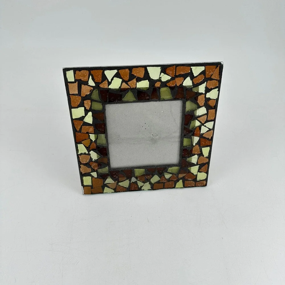 Mosaic Stained Glass Picture Frame 4x4 Square Amber Brown Green Earthy Boho Deco